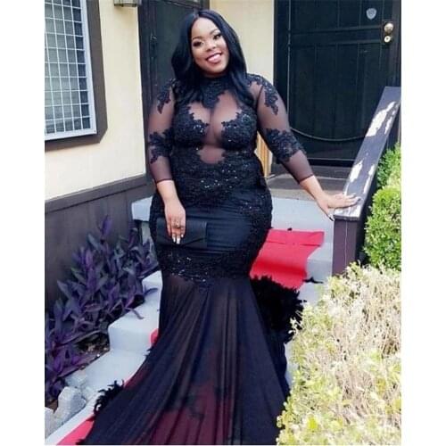 African Evening Dresses Three Quarter Sleeves Applique Lace Sequins Plus Size Prom Dress Mermaid Aso Ebi Dubai Vestidos