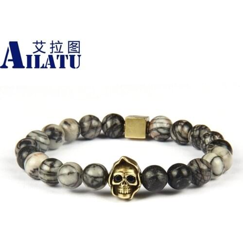 Ailatu Wholesale 10pcs/lot Antique Color Punk Cz Skull Beaded Logo Square Bracelet with Natural Net Stone Beads Not Fade