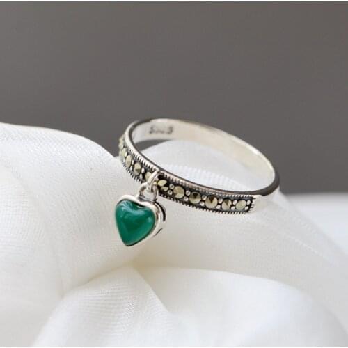 Authentic 925 Sterling Silver Rings Inlaid Natural Green Agate Lady Retro Charm Silver Ring National Style Jewelry Gift