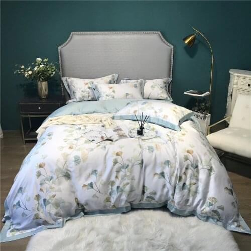 Home Textiles 4 Pieces Ginkgo Tree Leaves Duvet Cover Set Smooth Silk Bedding Sets King Queen Size Bed Sheets and Pillowcases