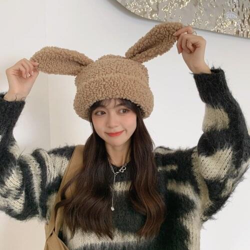 2021 new cute rabbit ears Lamb wool hat women autumn and winter knitted wool hat winter warm Korean version of Japanese hat