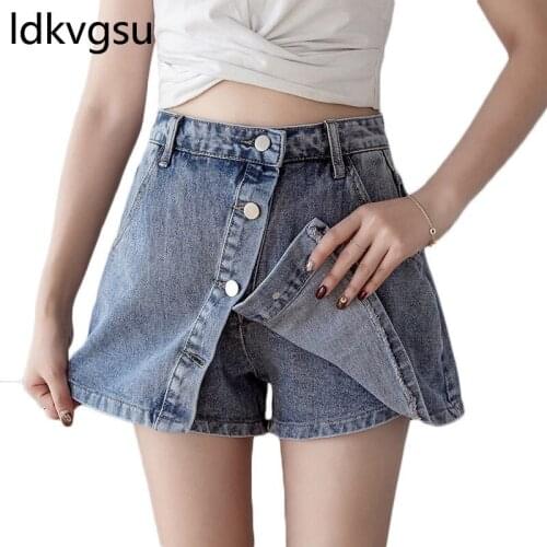 Single-breasted High Waist Denim Shorts Skirt Female Summer Fake Two Pieces Skirts-shorts Retro Denim Overalls Lady Short R358