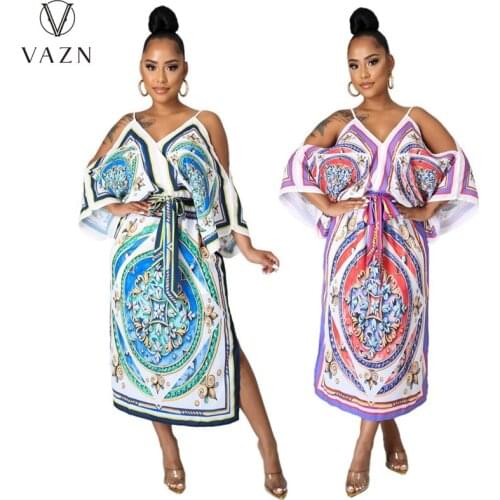 VAZN 2021 Fancy Boho Lady Striped Holiday Full Sleeve Elegant Maxi Dresses Sexy Club Birthday Women Elegant Fashion Dress