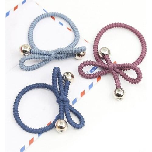 7 Solid Colors Wrinkled Bow Knot Golden Beads Elastic Hair Bands Ponytail Holder Women Hairwear Hair Accessories