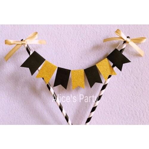 Handmade Sparkly Gold Black theme Cake Bunting Baby Shower 30th 40th Birthday Party Smash Cake Banner Favors Photo props booth