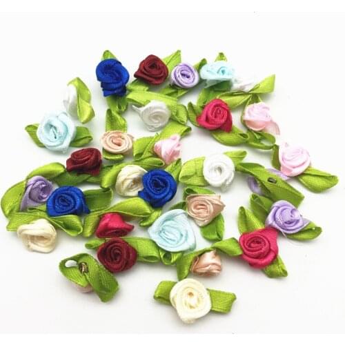 100pcs Mini Satin Ribbon Rose Buds Flowers With Green Leaves Crafts Wedding Confetti Embellishments