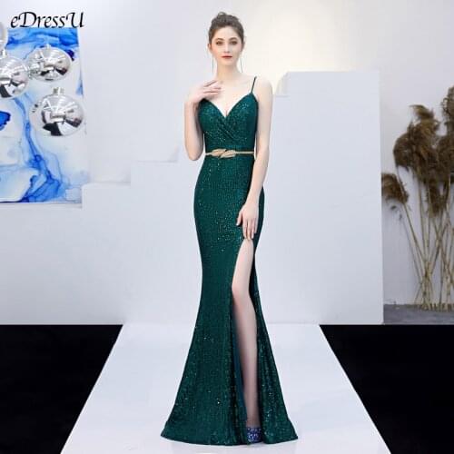 Sexy Split Evening Party Dress Green Sequins Mermaid Vestido de Fiesta Elegant Long Dress Spaghetti Formal Prom Dress YN-16276