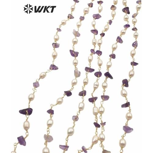 WT-RBC165 Gorgeous Women DIY Chain Exclusive Mixed Natural Pearl And Purple Crushed Stone Jewelry Chain Gold Plated