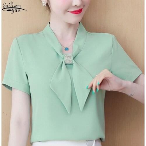 Summer 2021 New Loose Solid Office Lady Fashion Shirts Fashion Short Sleeve Chiffon Shirts Elegant Bow Blouse Women Clothes 9529