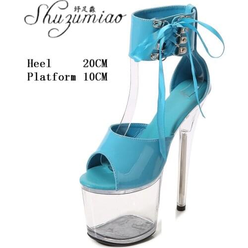 Female Model 20CM Clear Crystal Platform Super High Heel Sandals Women Sexy Party Club Walking Show Pole Dance Wedding Shoes New