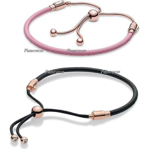 925 Sterling Silver Bracelet Rose Moments Pink Leather Slider Bracelet Bangle Fit Women Bead Charm Fashion Jewelry