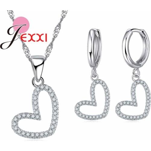 100% Ture Love Women Lovers Wedding Gifts Solid 925 Sterling Silver Sweet Crystal Heart Necklace Earrings Jewelry Sets