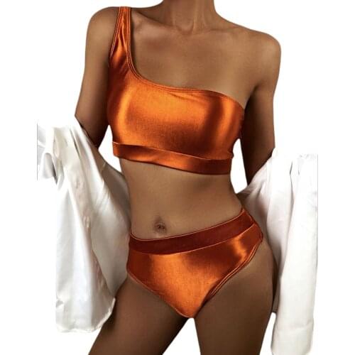 Womens Solid Shiny Color 2Pcs Bikini Suit Sexy One-shoulder Crop Tops with Triangle Bottoms for Beach/Swimming