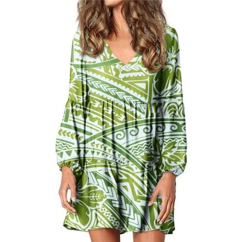 Hycool 2021 Polynesian Tribal Stripe Print Green Dress Custom Sexy V-Neck Large Plus Size Lantern Long Sleeves Casual Home Dress