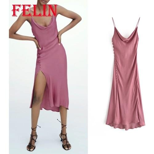 Womens Dress Za Silk Sexy Pleated Dress Sleeveless Front Split Backless Midi Dresses Female Chic Elegant Cami Dress Vestidos