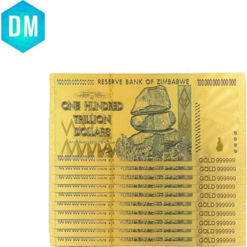 Zimbabwe 24k Colorful Gold Banknote Collectible One Hundred Trillion Dollar Note Money Artwork 10pcs Bills Worth Collection