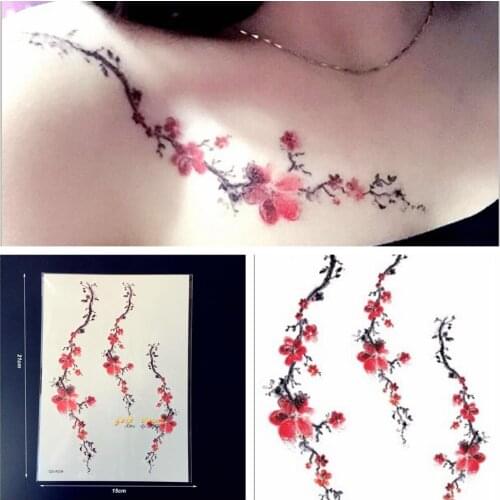 1PC Women Sexy Tattoo Plum Blossom Pattern GQS-A034 Branch Red Sakura Tattoo Paster Summer Style Tattoo Fake Waterproof Tatoo