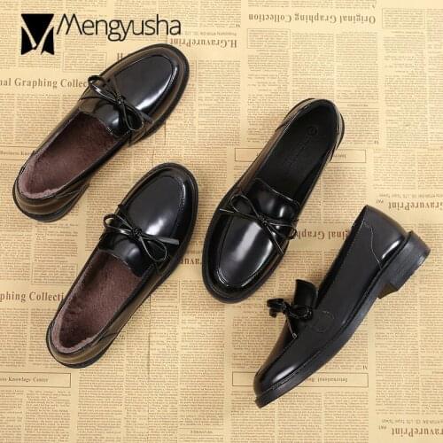 2019 winter bowtie oxford shoes woman plush flats bright leather brogue ladies bow derby shoes warm fur creepers hot sale c173