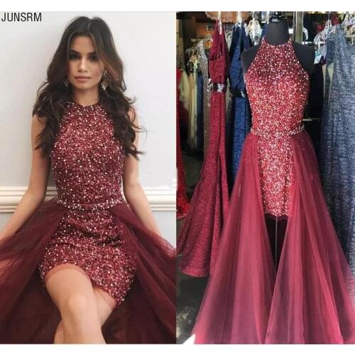 Sparkly Short Jumpsuits Prom Dresses Jewel Neck Sleeveless Crystal Beading Sheath Tulle Overskirt Cocktail Party Pageant Dresses