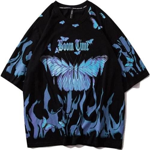 Tide Brand Dark Blue Flame Butterfly Print Hip-hop Street T-shirt Men And Women Bf Wind Couple Short-sleeved Summer