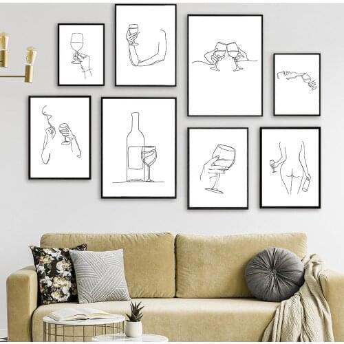 Wine Line Drawing Art Print Black and White Abstract Sexy Woman Wine Lover Poster Canvas Painting Wine Gift Kitchen Wall Decor