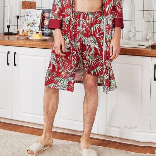 Summer Men Bathrobe Silky Satin Beach Short Dragon Printing Beaachwears Night Sleep Gowns Casual Homewears Short Pants Clothing