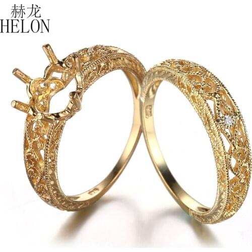 HELON 7.5-8MM Round Cut Solid 10K Yellow Gold Vintage Style Fine Jewelry Semi Mount Ring & Diamond Match Band Ring Set