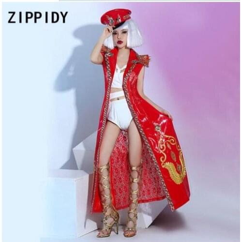 Women Queen Sexy Dance Outfit Set Under Wear Red White Big Coat Long Jacket Performance Dance Clothing Set