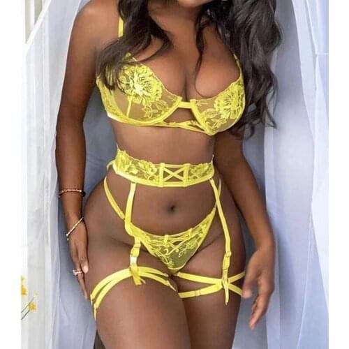 3 Piece Set Lingerie Porn Womens Thong Underwear Set Mesh Lace Transparent Bra Sexy Embroidery Flower Erotic Lingerie