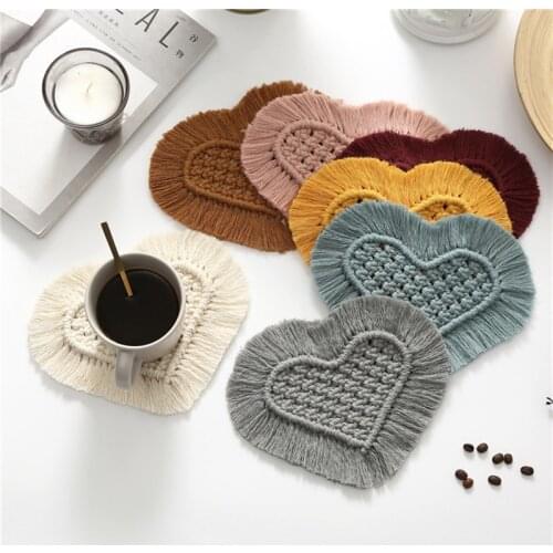 Hand Crochet Tasseled Heart Bohemian Linen Mats, Hot Pads Heat Resistant Tool for Bowl Mats, Dish Mats Placemats Drink Coasters