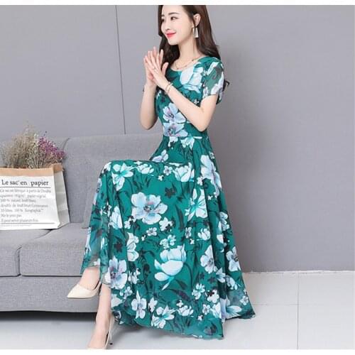 Top selling product in 2019 ladies Long Chiffon dress New summer clothes Round neck Elegant dress Bohemia printing dresses 1071