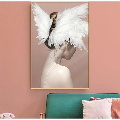Fashion Floral Feather Sexy Back View Art Woman Poster Painting Canvas Print Wall Picture For Living Room Home Decor Frameless