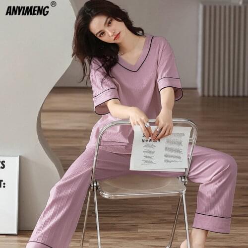 Fashion Printing Cotton Suits Women Set Homesuit Homeclothes Short Sleeve Long Pants Casual Sleepwear Kawaii Teen Girls Pajamas