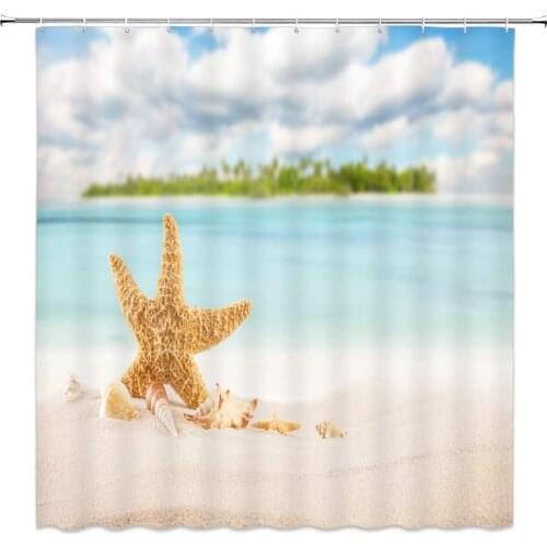 Sea Wave Beach Shell Starfish Shower Curtains Summer Ocean Theme Pattern Print Bathroom Decor Polyester Fabric Curtain Set