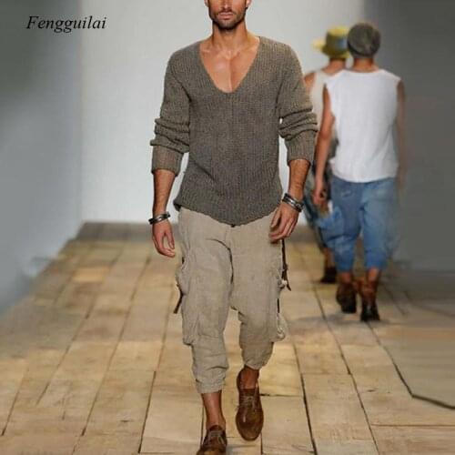 2021 Spring and Autumn Casual Solid Color V-Neck Mens Knitted Sweater Long-Sleeved Pullover Mens Fashion Loose Street