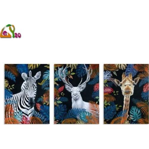 Zebra Deer and Giraffe on Palm Leaf Background 3-Piece Diy Diamond Painting Cross Stitch Kits 5D Diamond Mosaic Embroidery