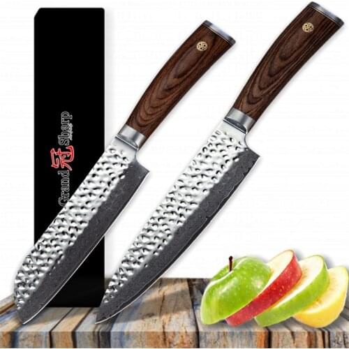 Grandsharp 2 Pcs Damascus Kitchen Knives Chef Santoku Knife Set VG10 Japanese Damascus Stainless Steel Kitchen Cleaver Tools