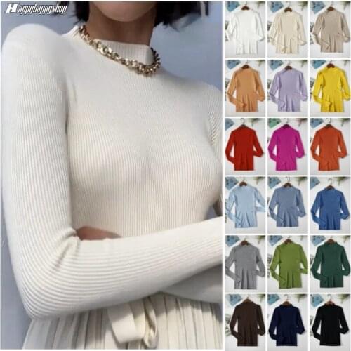 Solid Color Women Basic Half High Collar Sweaters Elastic Slim Knitted Pullover Jumpers Tops Female Minimalist Knitwear