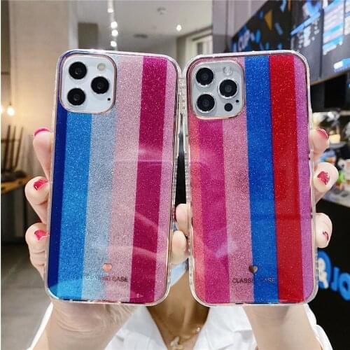 For iPhone 12 Mini 12 11 Pro Max X XS Max XR SE2 7 8 Plus Rainbow Case Glitter Phone Back Cover