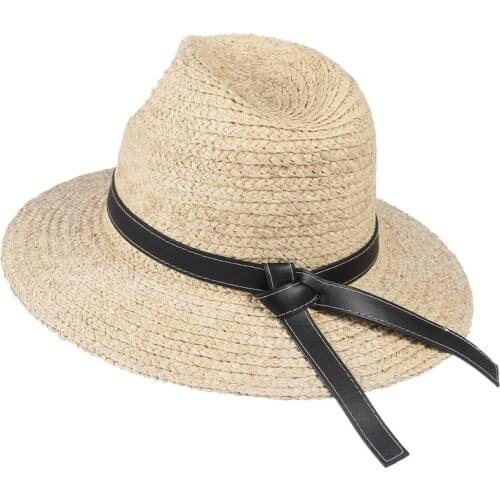 Handmade Women Summer Sun Hat Beach Raffia Panama Straw Cap Big Brim Leather Ribbon Temperament Flat Cap