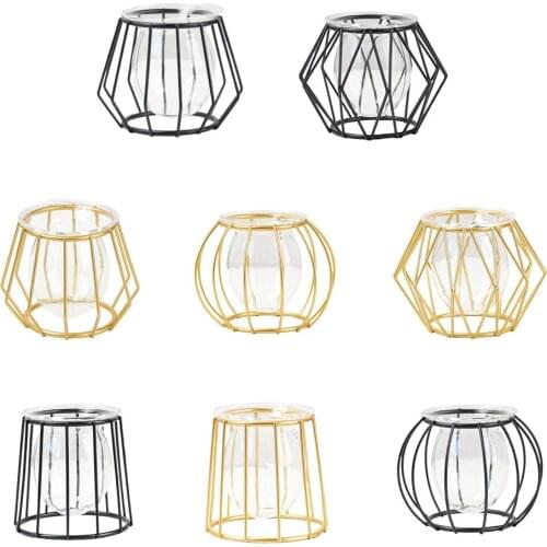 Nordic Iron Golden Hydroponic Glass Vase Metal Iron Line Plant Holder Modern Home Desktop Decor Plant Vase Ornament