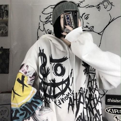 Graffiti Oversized Hoodies 2021 Gothic Funny Printed Plus Velvet Hooded Sweatshirts Autumn Student Loose Hoodie Punk Streetwear