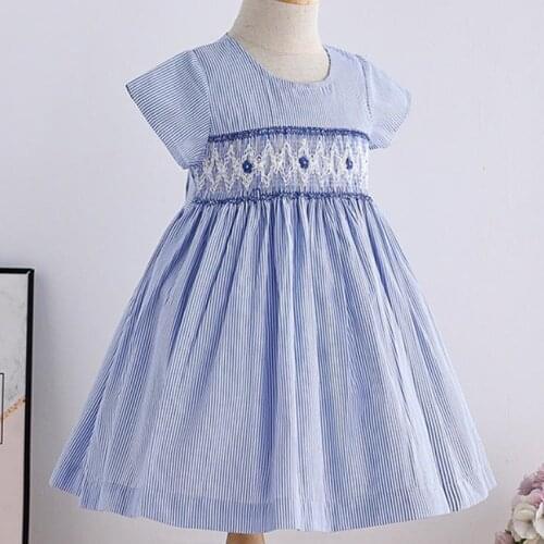 Heavy work summer handmade smocking dress baby girl short sleeve embroidered striped princess birthday party dress