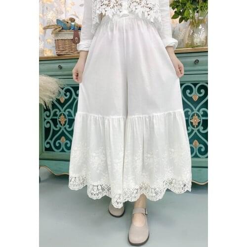 2021 Spring Women Pants Mori Girl Fresh Waist Cotton linen Loose Lace Embroidered wide-leg pants