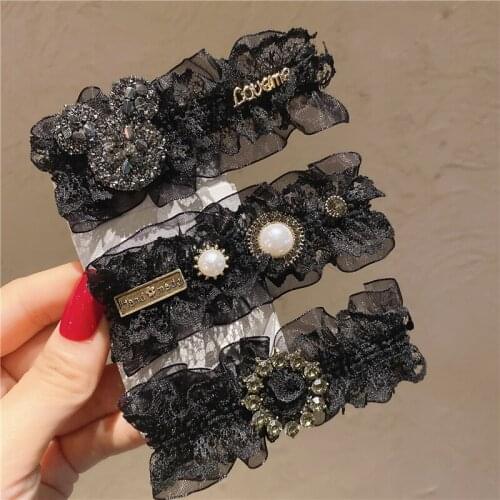 Women Black Yarn Square Hair Clips Hairpins Fashion Korean Handmade Silk Flower Bridal Hair Ornament Rhinestone Duckbill Clips