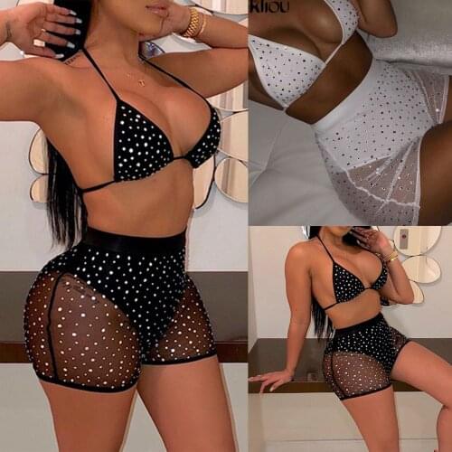 Women Rhinestone Crystal Diamond Sexy Women Crochet Mesh Fishnet Swimwear Push-Up Bikini Set Swimsuit Summer Beachwear купальник