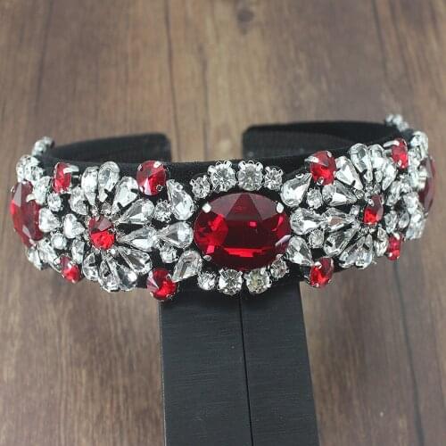 European Luxury Velvet Hair Accessories Red Full Crystal Flower Baroque Hairband Elegant Rhinestone Headband For Women Wedding