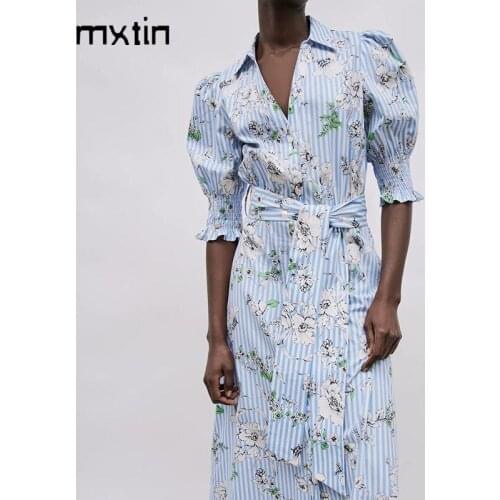 2021 Women Summer Fashion Floral Print Midi Dress Vintage Lapel Collar Bow Tie Sashes Female Slim Party Dresses Vestidos Mujer