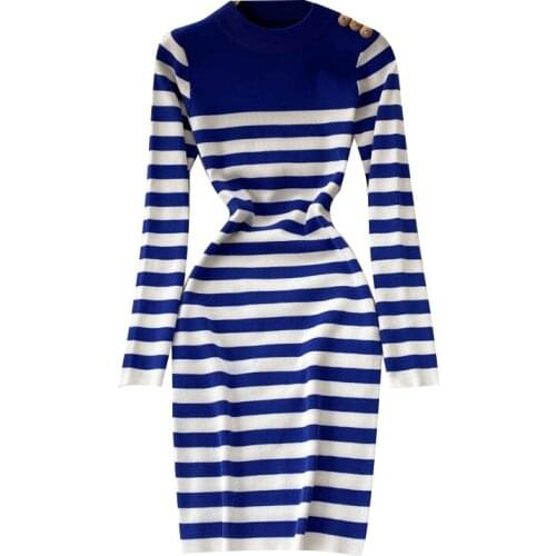 New Spring Autumn Women Long Sleeve Slim Mini Dress Fashion Vintage Color-blocked Striped Knitted Base Dress