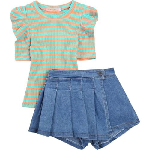 2021 Summer Toddler Kids Baby Girl Short Sleeve Striped T-shirt Tops Denim Skirt Shorts Bottom 2PCS Clothing Set